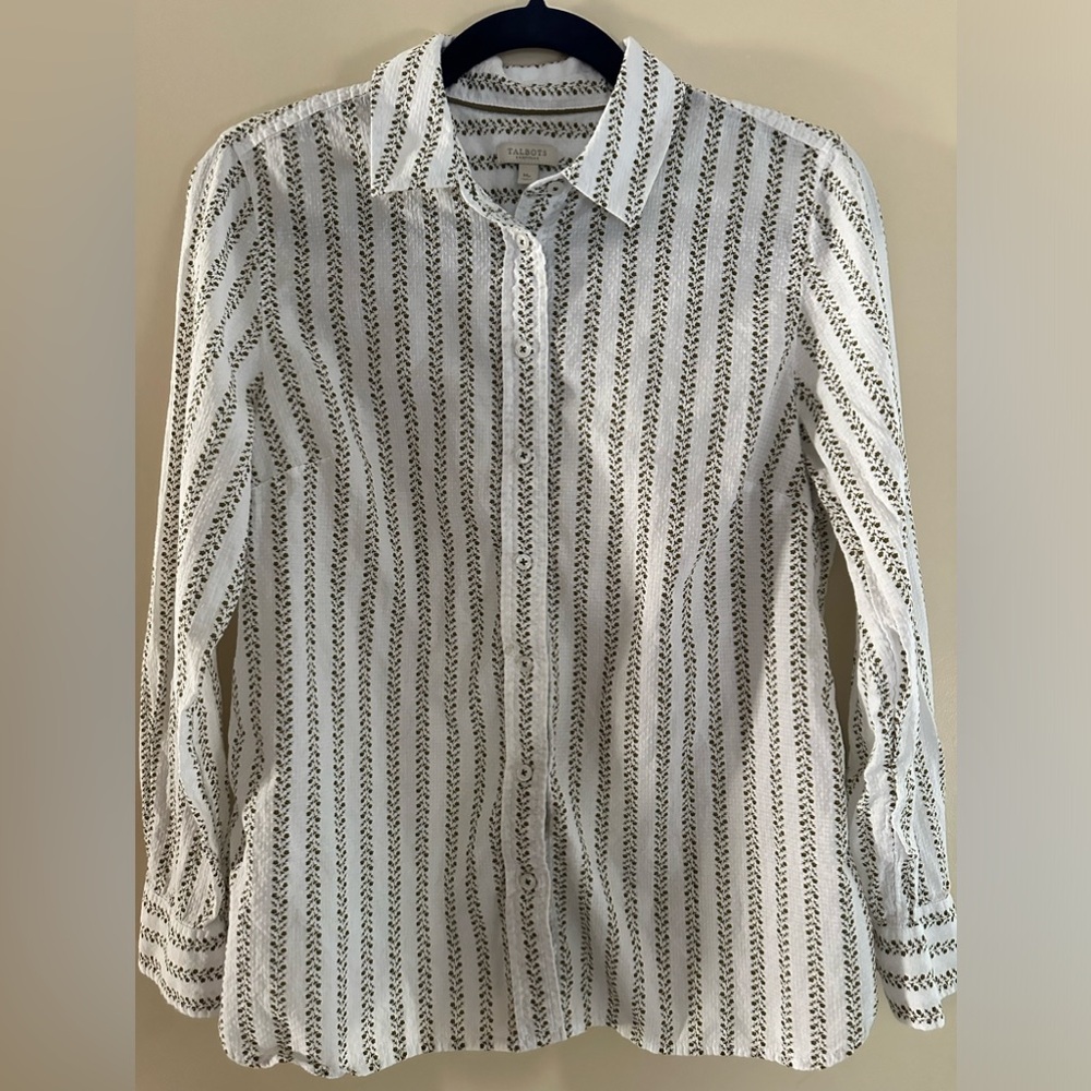 Talbots white button down with olive green floral print size petite medium.